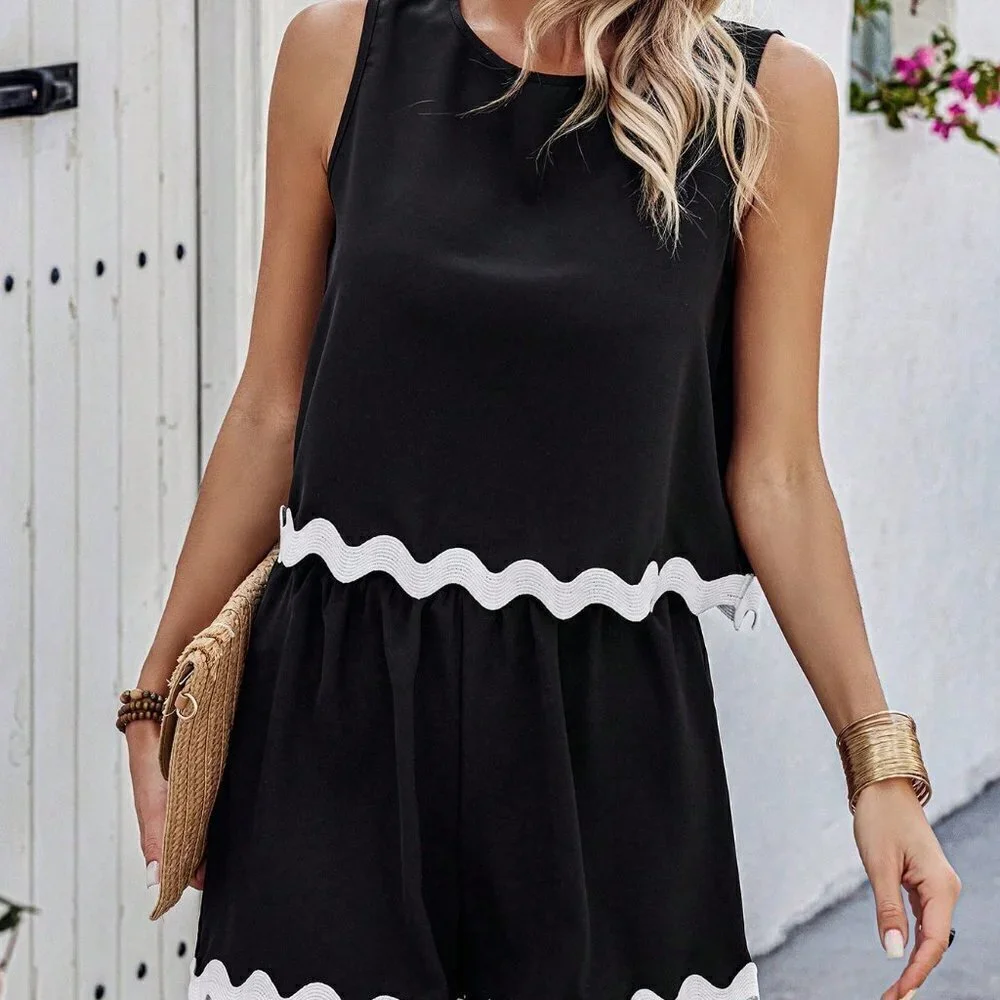 Black Casual Womens Colorblock Seashell Edge Weave Belt Detail Set - Picture 5 of 5